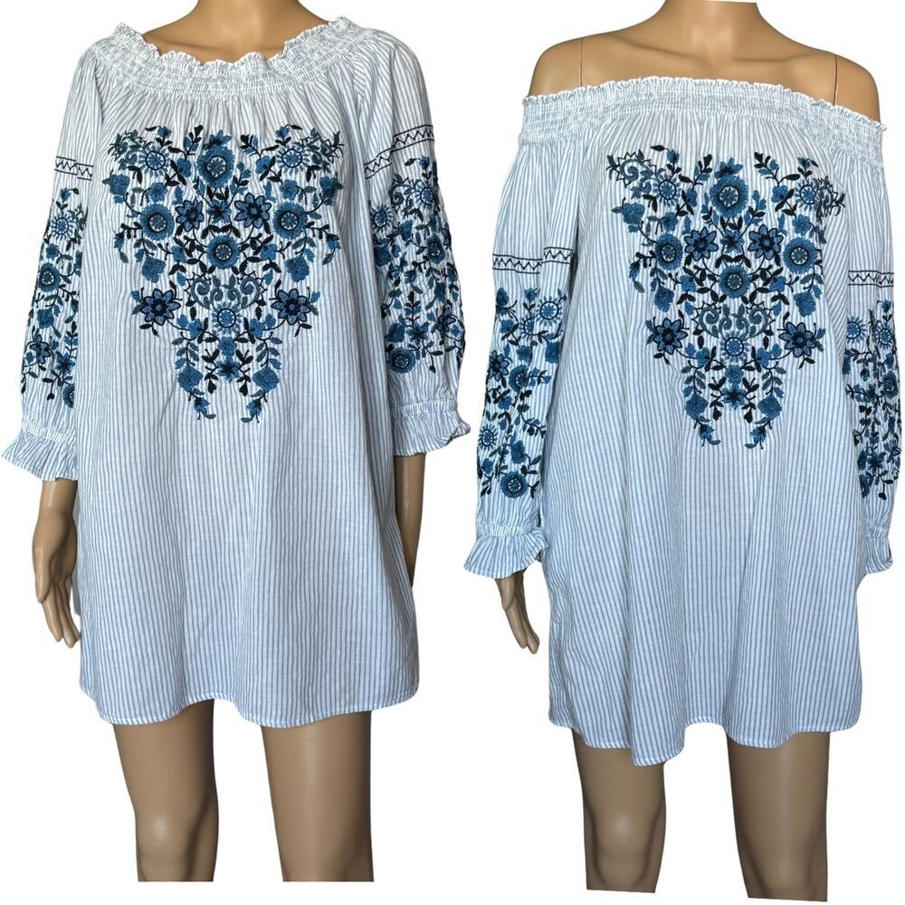 Zara Blue & White Striped Off-Shoulder Embroidered Mini Dress